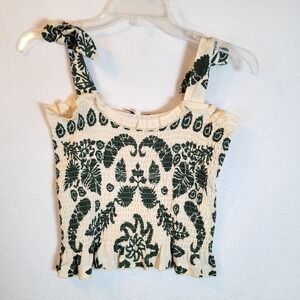 Sandro Women Ramatuelle Smocked Tie Shoulder Tank Top Size 1 Ivory Floral Boho